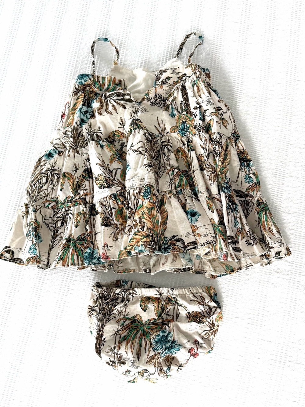 Like New! Banana Republic Linen Cream Tropical Print Tiered Dress with Bloomer